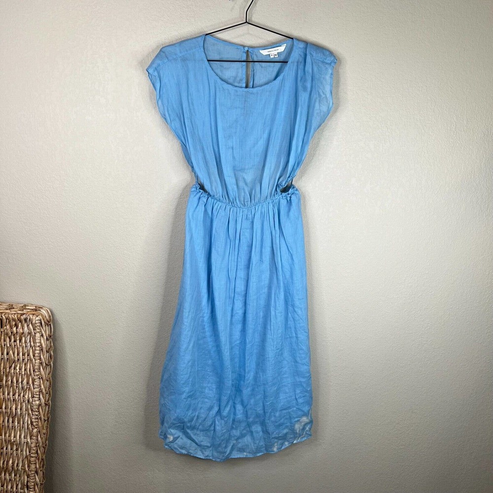 Rebecca Taylor Womens Ramie Dress Size Medium Blue Cut Out Back Midi Cap Sleeves